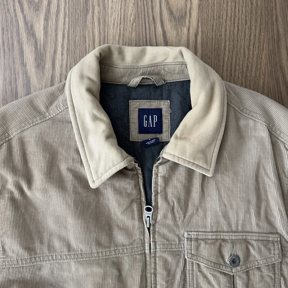 Vintage GAP Jacket Mens L Beige Corduroy Collared Bomber Full Zip Lined Y2K 00s